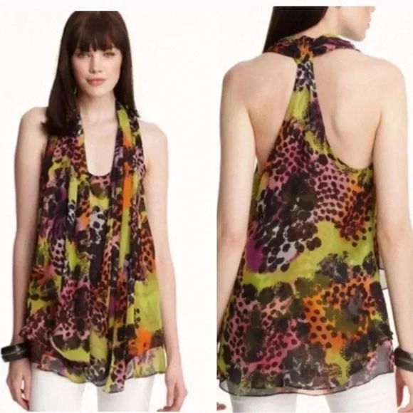 Diane Von Furstenberg Multi Print Marroca Silk Scarf Top Size 2 - Picture 1 of 6